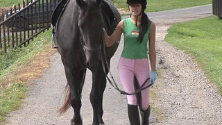 Awesome brunette jockey rides a big dick at the farm