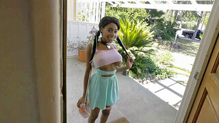 Bitchy busty ebony is getting seduced by a horny white man